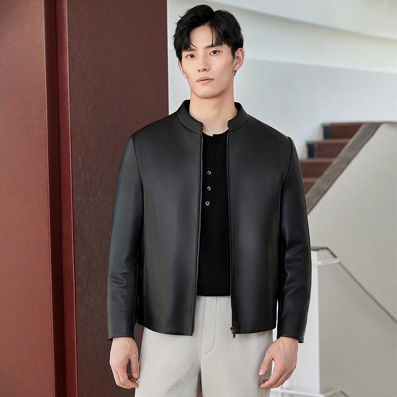 Beast King Men's Winter Sheepskin Stand Collar Business Casual Cotton Jacket Leather Coat