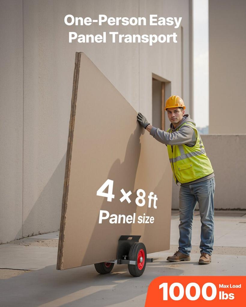 Panel Dolly, 453.6 kg Load Capacity, Drywall Mover with 25 cm Rubber Wheels Fits Different Terrain, Adjustable Clamp Panel Cart for Steel Panels,