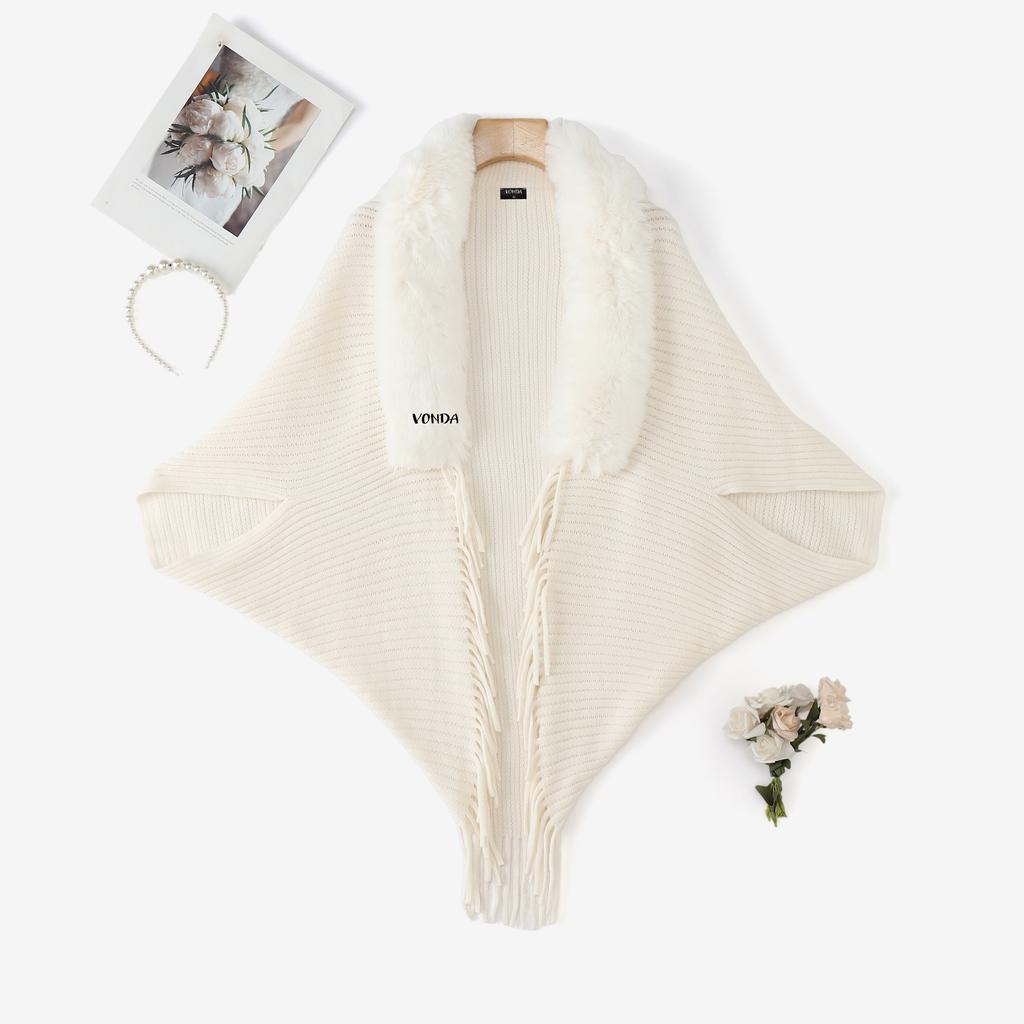 VONDA Women Long Sleeve Fluffy Tassel Splicing Open Front Casual Knitted Sweaters Cardigans