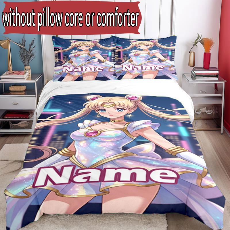 3pcs Duvet Cover Set (1*Duvet Cover + 2*Pillowcase, Without Core), Custom Name Sailor Moon Pattern Bedding Set, Home Bedroom Decor Gift