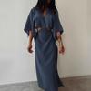 Women's V Neck Maxi Dress Sexy Hollow Out Short Sleeve Bodycon Split Dress Summer Cotton Linen Long Dress for Beach Vacation
