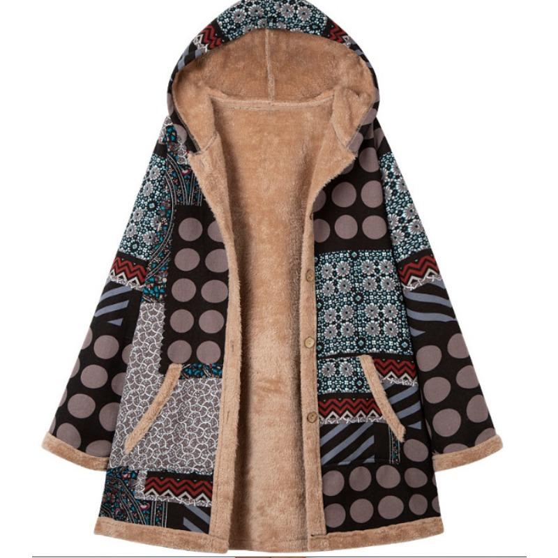 Casual Women Warm Outwear Retro Printed Pockets Zipper Hooded Long Sleeve Thicker Coat Plus Size