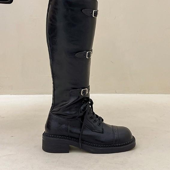 Дизайнерские локомотивные сапоги с пряжкой на ремне женские 2025 осень и зима ретро европейские и американские на толстой подошве на толстом каблуке модные сапоги на высоком каблуке