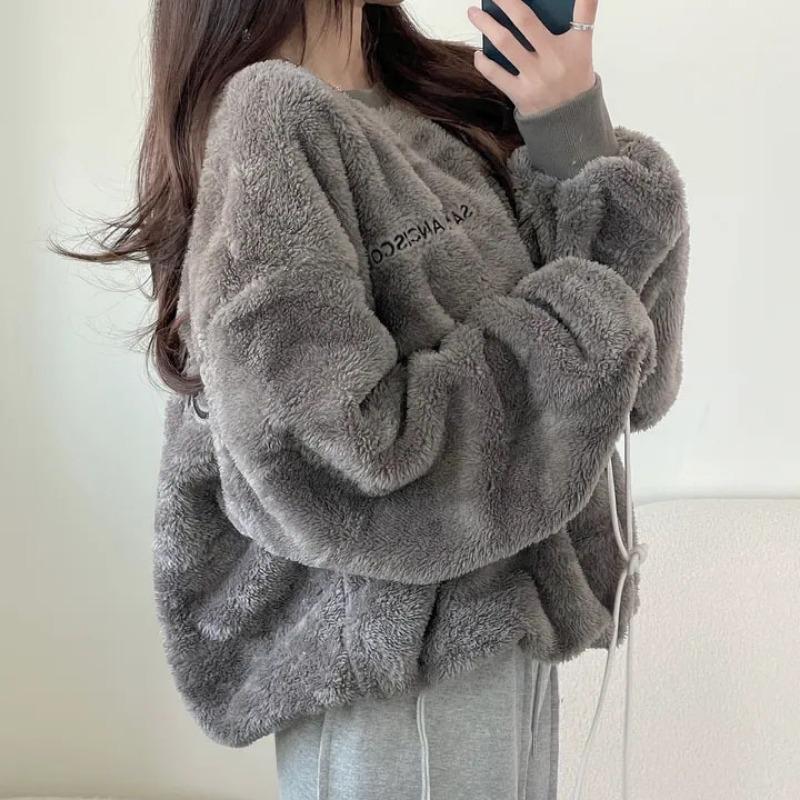 Women S Loose Round Neck Fleece Sweatshirt Casual Winter