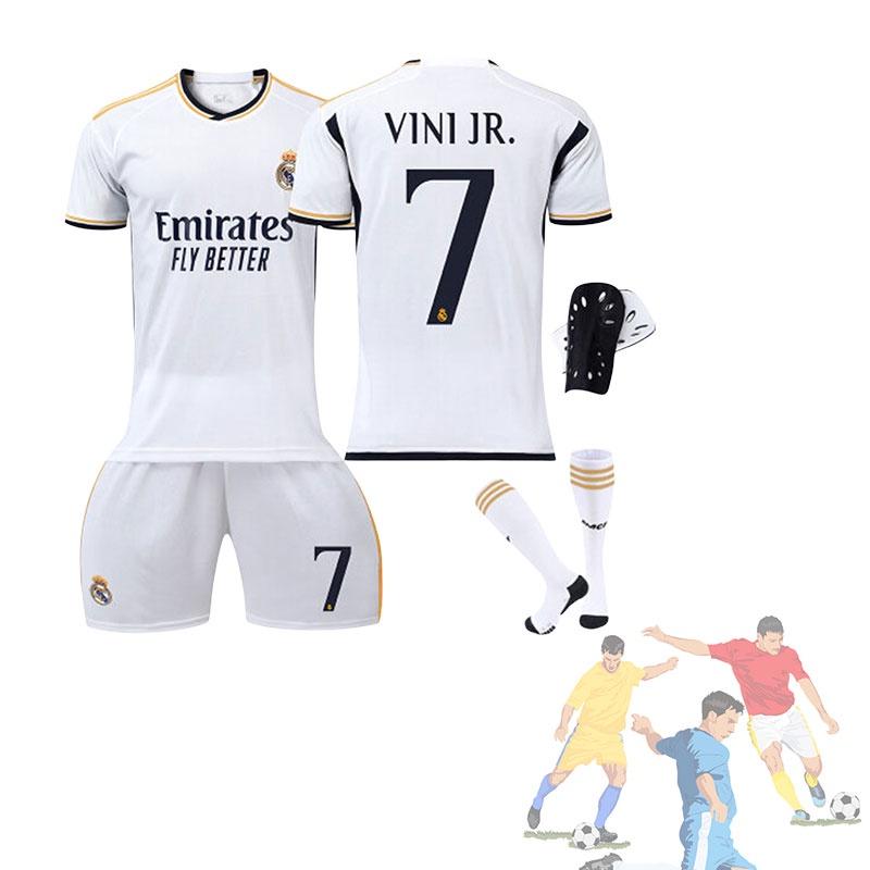 Real Madrid Home 7 Vini.jr Soccer Clothing Set Polyester Material Shirt Pants Socks And Protective Gear Included