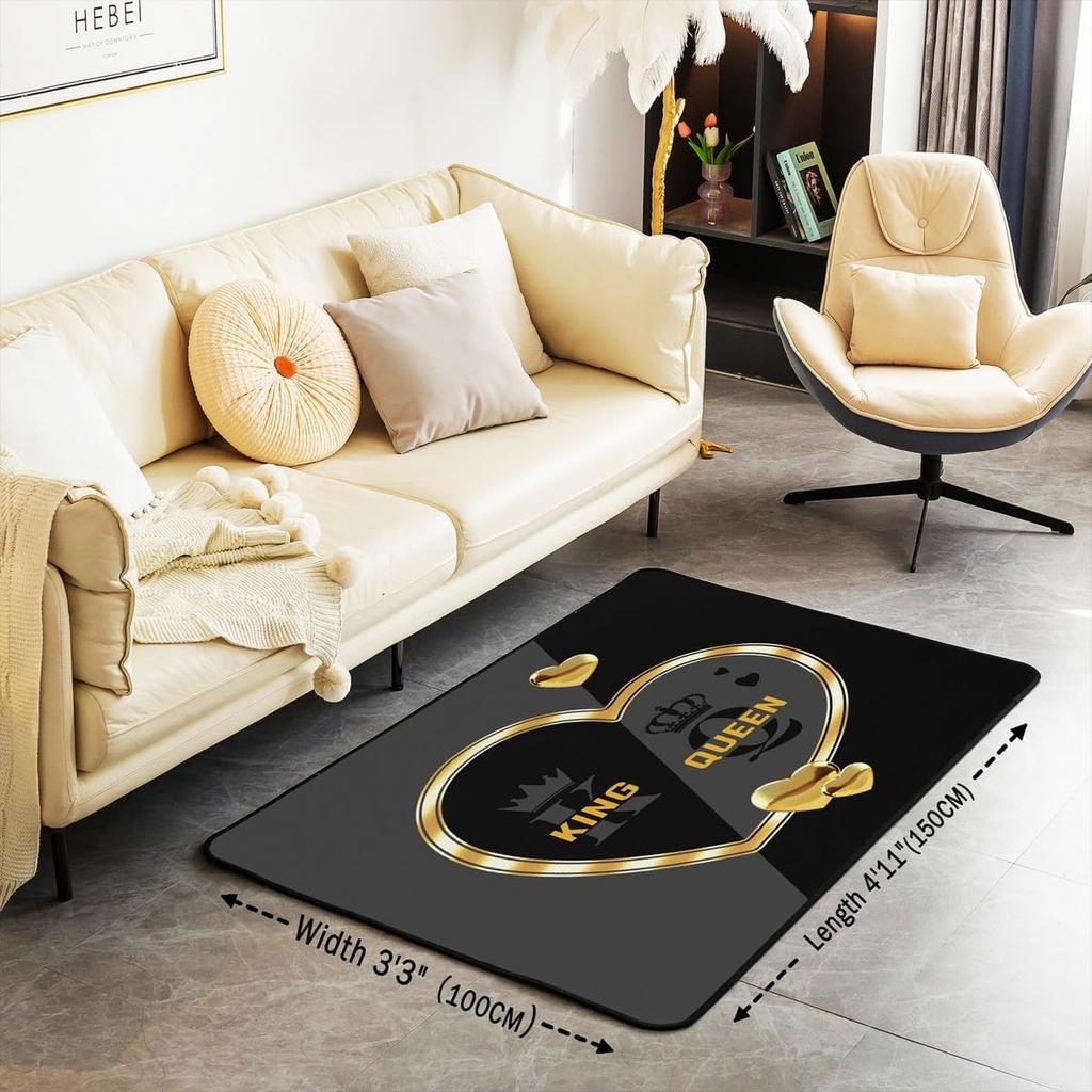 King and Queen Crown Area Rug Romantic Gold White Loving Heart Rugs for Living Room 39"x59",Couple Lover Gray and Black Washable Rug,Wedding