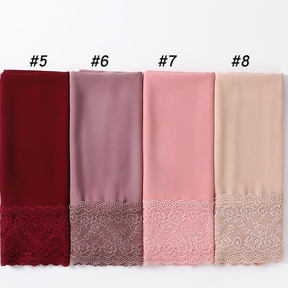 Solid Color Silk Scarf Lace Edge Ramadan Headscarf Versatile Headwraps Women Headwear