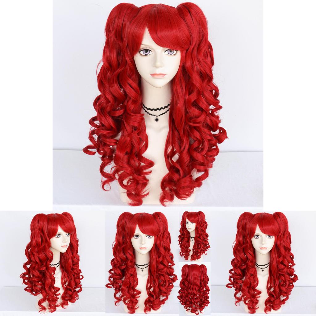 Lolita Cosplay Wig With Double Tiger Clips Red Long Curly Synthetic Hair For Anime Costumes