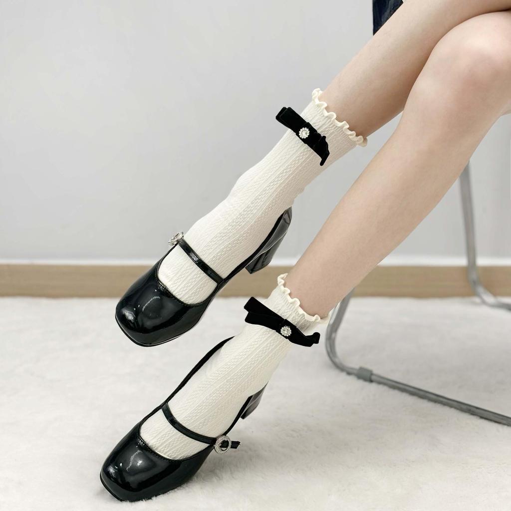 Lolita Lace Frill Mid-Calf Socks with Bow Ribbon - White Ballet Style JK Knee-Highs for Spring & Autumn