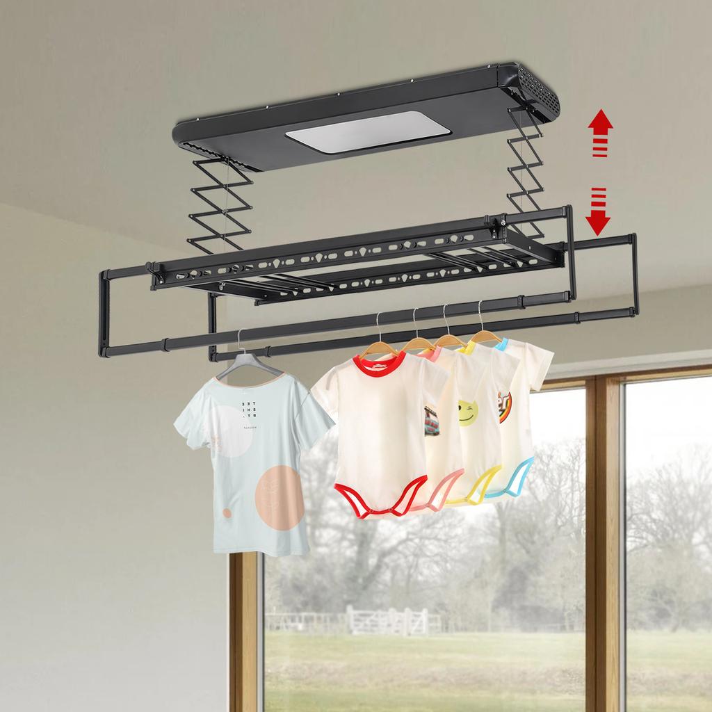 Electric Retractable Clothes Airer with 8 Rods & LED Light, Remote Control, 35kg/77 lbs Load Capacity for Home Use, 110V (Black)