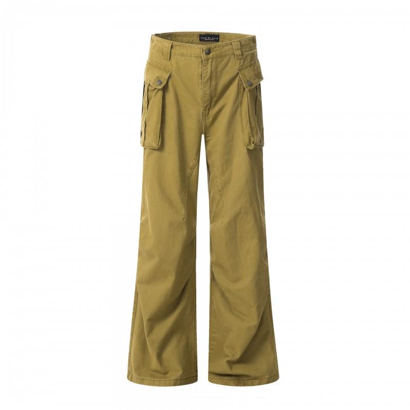 Unisex Vintage Washed Cotton Cargo Pants Loose Fit Multi-Pocket Workwear Style Straight Leg Trousers