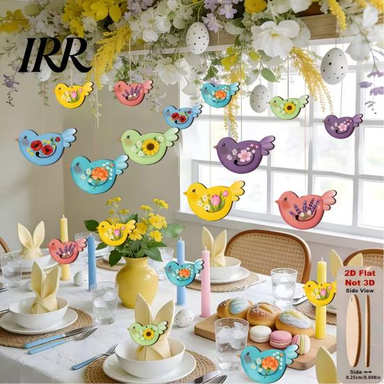 Hemp Rope Hanging Ornament Easter Wooden Decoration, 2D Flat Flowers Bird Ornaments, Decoration Spring Tree Pendant for Holiday Home Party Decor