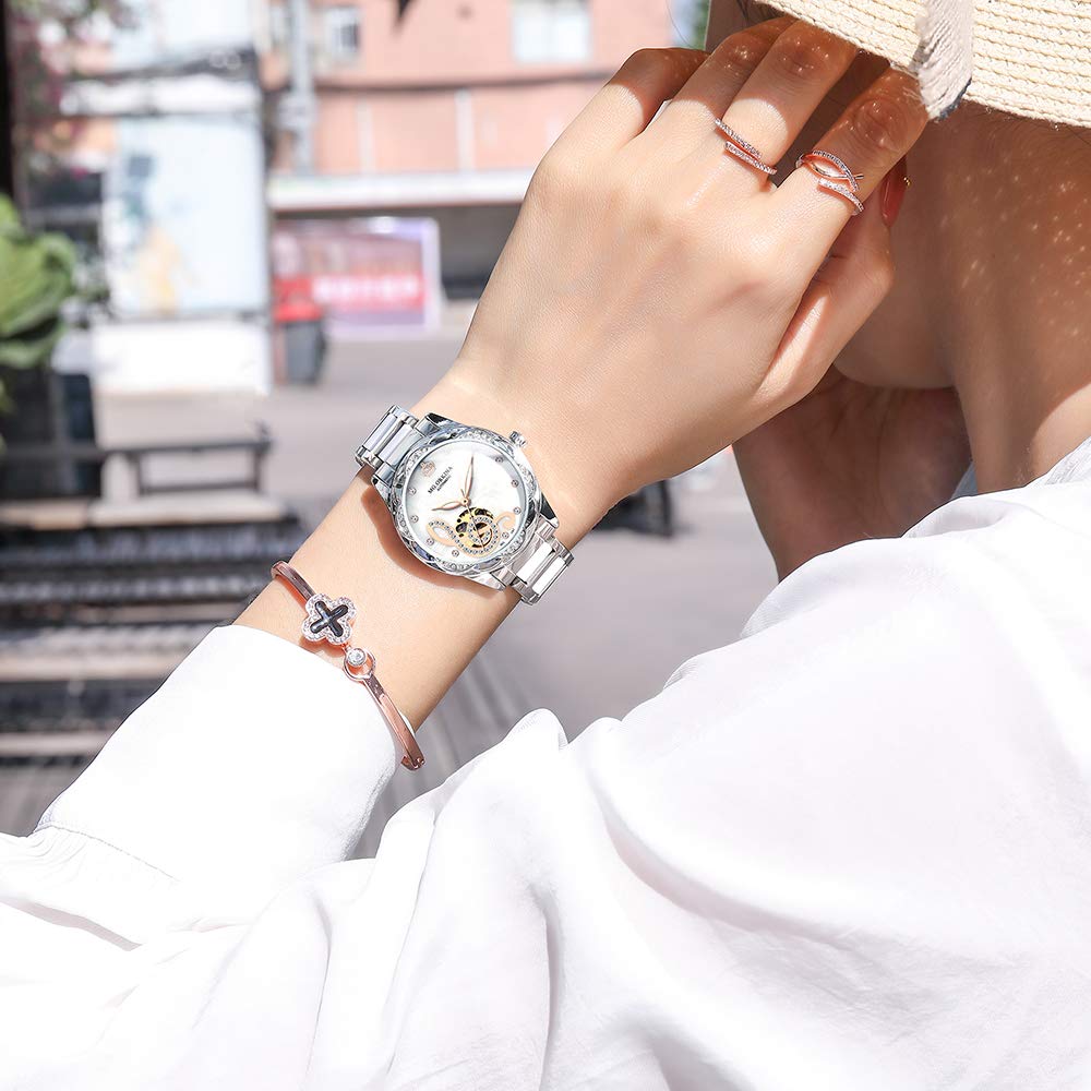 BOLYTE Модные ажурные механические часы Перламутр Керамика Нержавеющая сталь Бриллиант Музыка Женские автоматические часы Водонепроницаемые Люминесцентные Женские