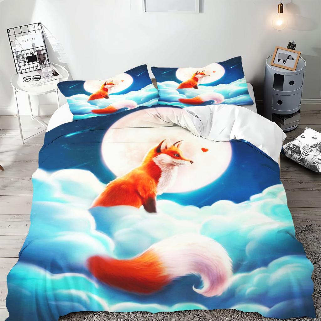 Аниме Мультфильм Животное Лиса Пододеяльник Постельное белье Наволочка С принтом Детский и Взрослый Набор Размер Квин Реактивная печать Одеяло