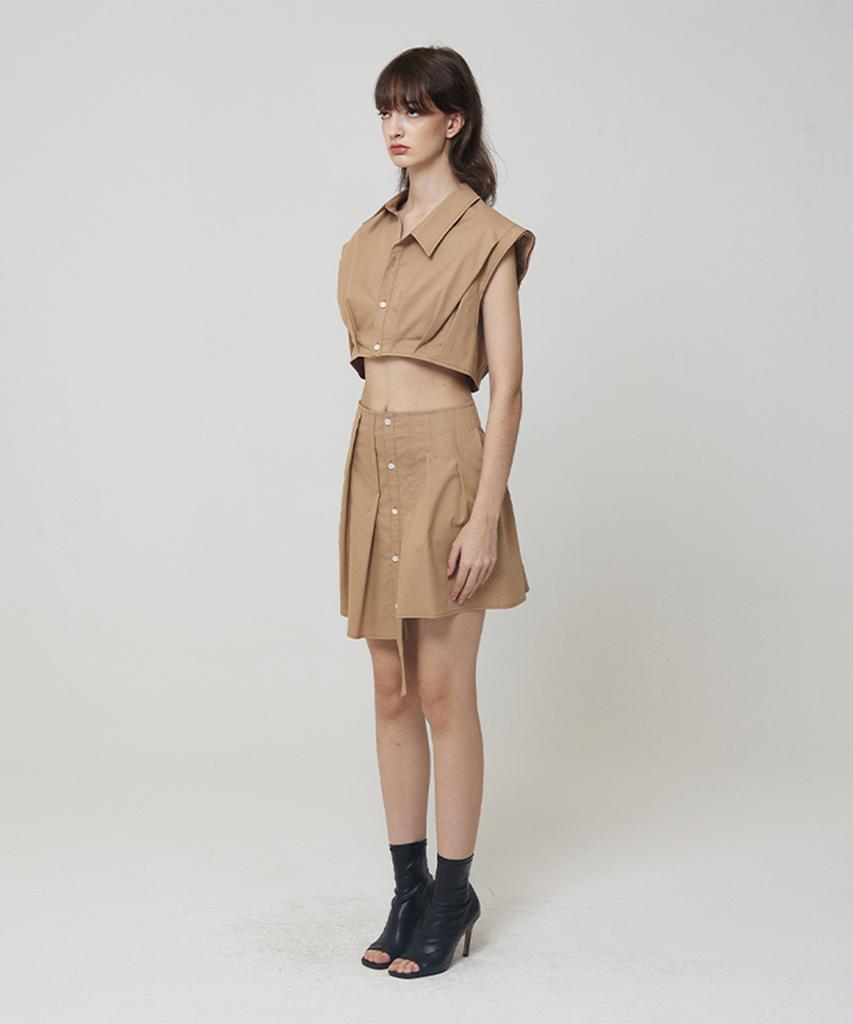 Meuameu Pin Tuck Sleeveless Crop Shirt Set-Up