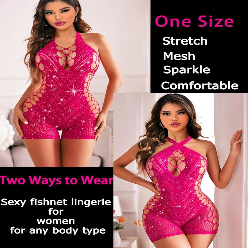 Avidlove Womens Lingeries Fishnet Lingerie for Women Sexy Outfit Fishnet Bodysuit Sparkle Rhinestone Cut Out Romper