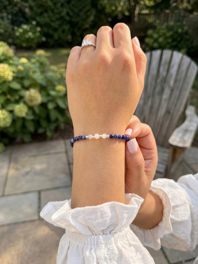 Natural Stone Bracelet, Navy Blue with Lapis, Silver 925