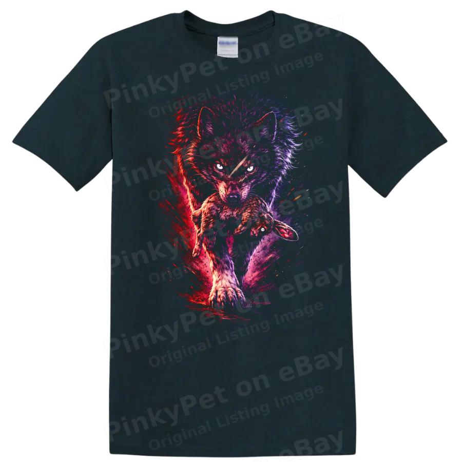 Wolf Carrying Rabbit Graphic T Shirt Animal Art Hunting Nature Tee