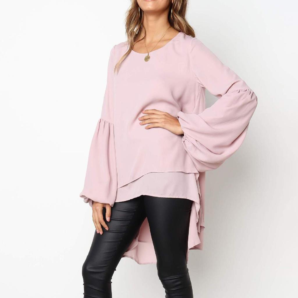 Women's Casual Round Neck Long Sleeve High Hem Irregular Double LayerTop Shirt
