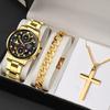 3pcs/set Men's Calendar Watch Fashion Business Mesh Strap Quartz Watch Men's Watch and Men's Cuban Bracelet and Cross Necklace