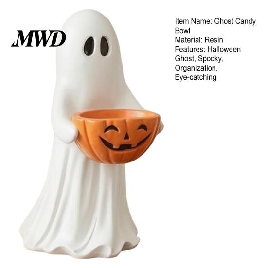 Decorative Candy Dish Halloween Ghost Figurine with Pumpkin Bowl, Cute Resin Statue, Freestanding Souvenir Gifts Trick or Treat Holder for Front
