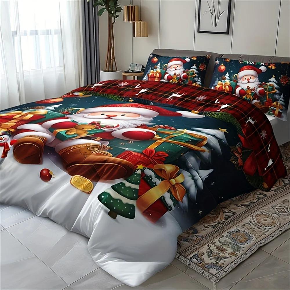 3pcs Christmas Bedding Set - Santa & Snowman Print Duvet Cover and Pillowcases, Breathable Polyester, Machine Washable - Perfect