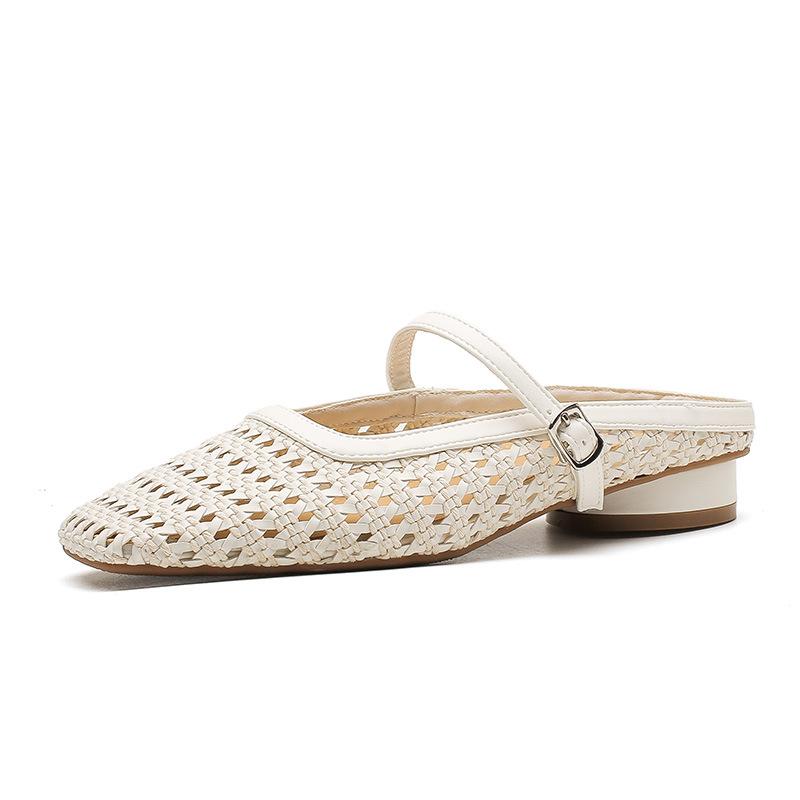Baotou Half-drag Women's Summer Thick Heels Woven Hollowed-out Mary Jane Cool Slippers Women's Outer Wear Women's Shoes