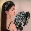 Женская повседневная заколка для волос Новые головные уборы 2025 Корейский стиль Женщины Черное кружево Стразы Цветок Повязка на голову Широкий край Зажим для волос