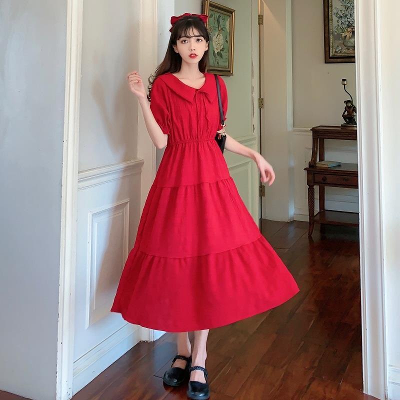 Cute Sweet Well-behaved Girl Solid Color Bow Ruffle Mid-length A-shaped Skirt Age Reduction Looser  Short Sleeve Dress
