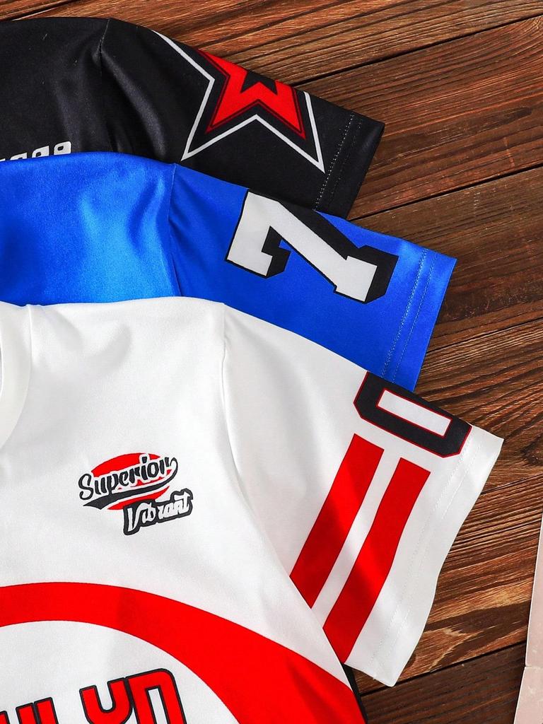 Three-piece set of boys' American retro classic number print jerseys, multi-color trendy loose short-sleeved T-shirts, spring/summer style.