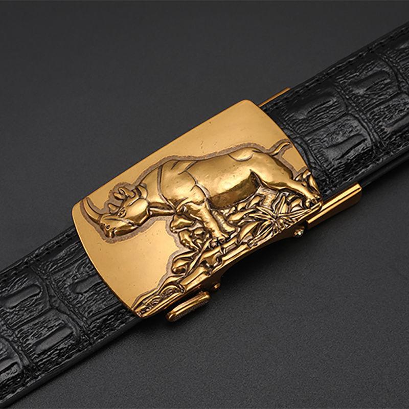 Men's Leather Belt with Automatic Buckle, Genuine Leather, Bronze Buckle, Faucet for Middle-aged and Young Business Casual Pants