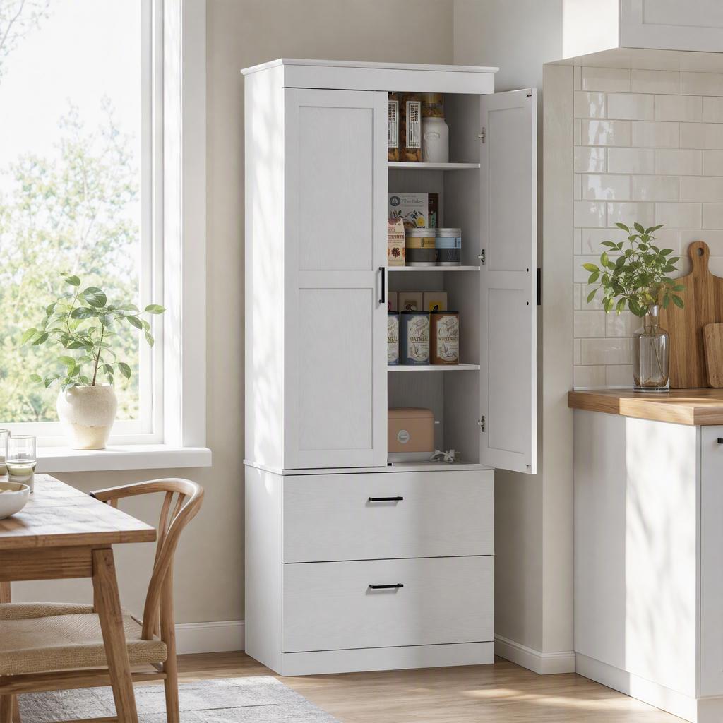 Kitchen cabinet kitchen sideboard dresser storage unit with cupboard, 2 drawers and adjustable shelves, cream