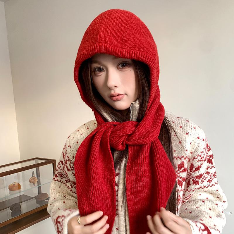 Red Balaclava for Women In Autumn and Winter Warm Ear Protection  Neck Scarf  Woolen Knitted Hat and Scarf All In One