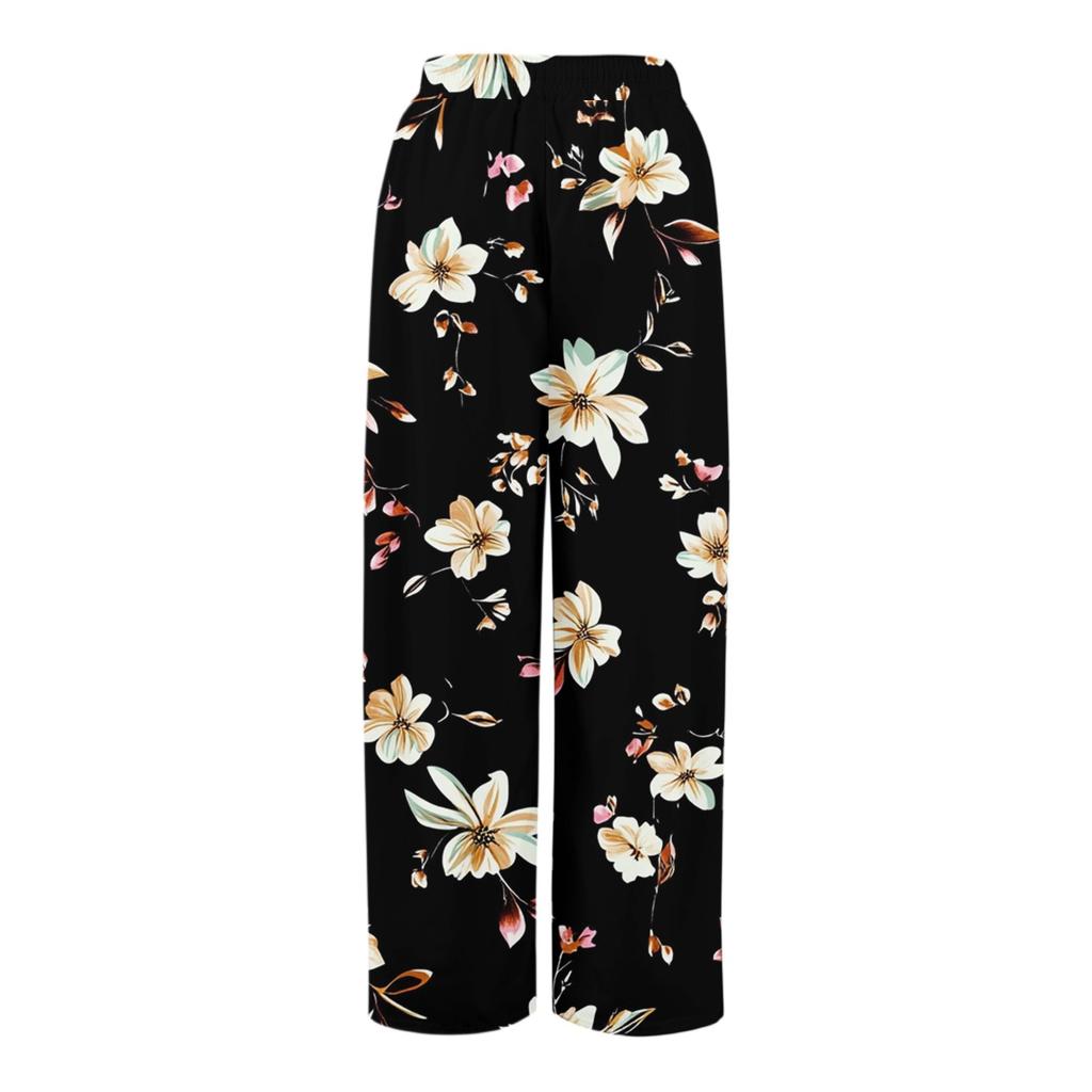 Women's Casual Wide Leg Pants Stretch Belt Pocket Floral Print Adjustable Tie Pants