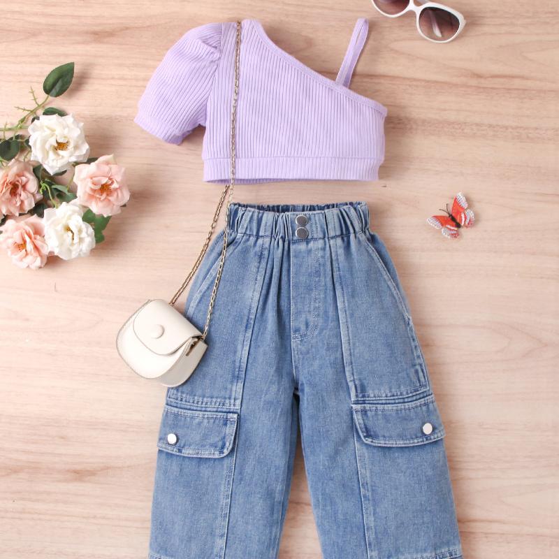 Комплект одежды для девочек: Летний детский однотонный свитер с короткими рукавами и открытыми плечами, комплект из двух предметов из денима с множеством пуговиц