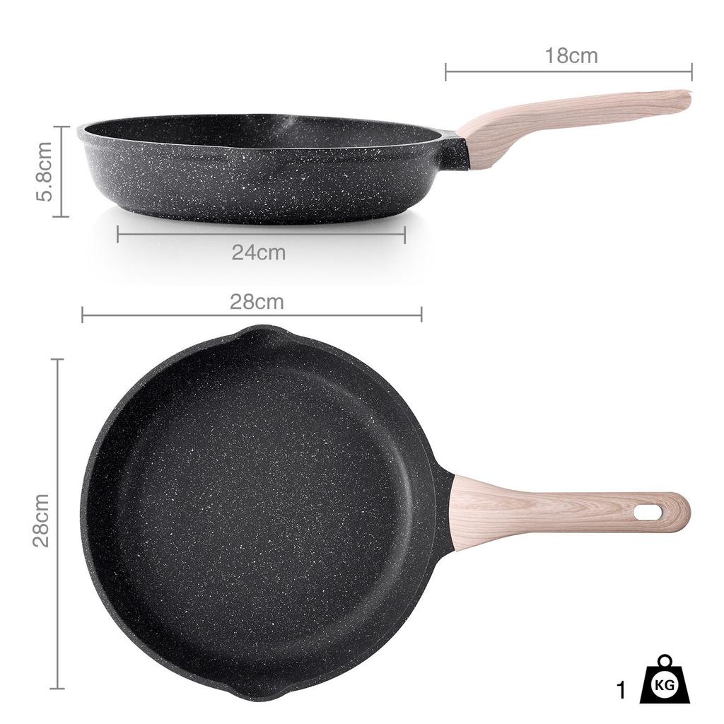 Сковорода с плоским дном и антипригарным покрытием для жарки стейков, омлетов, блинов, завтраков, блюд вок, а также для газовых и индукционных плит.