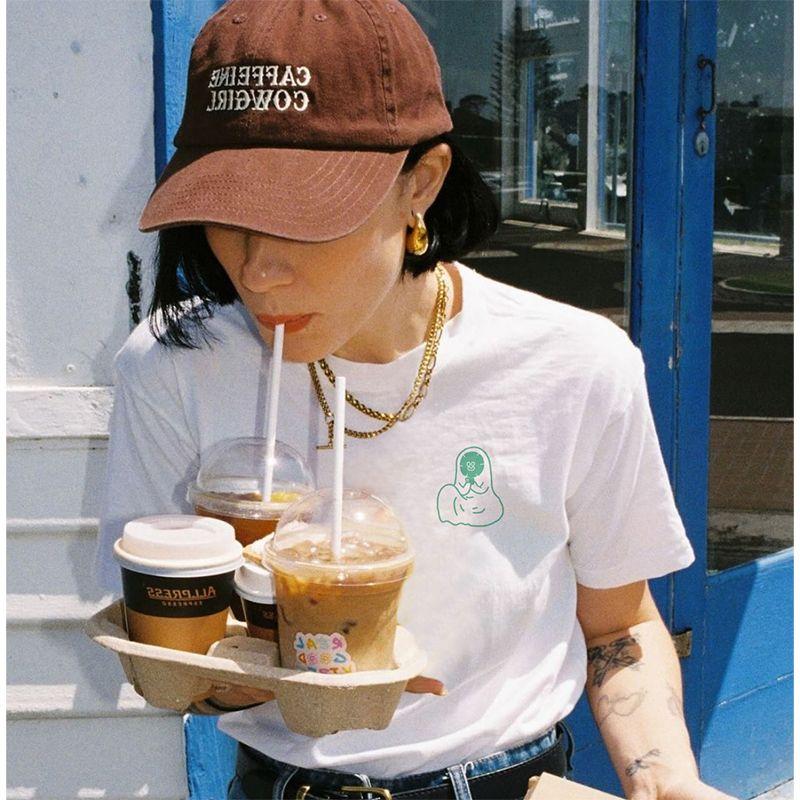 American Retro Niche Style Ins Style Fun Normcore Illustration Apply a Facial Mask Mobile Phone Villain Pure Cotton Short Sleeve T-shirt for Women