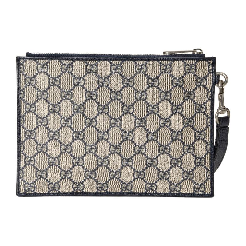 Gucci Ophidia distressed zipper closure, old flower all over with Double G Logo print, canvas and leather piping, clutch, men's beige/blue