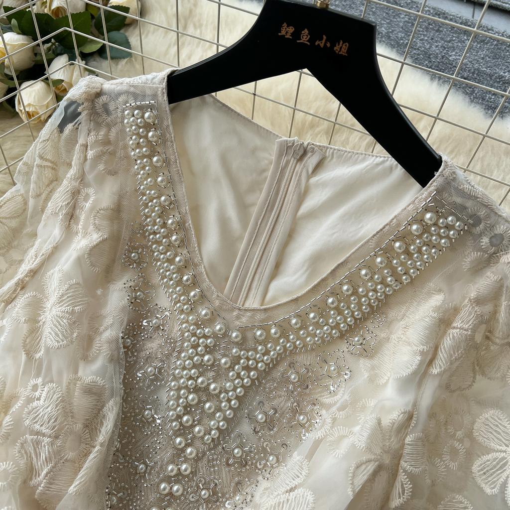 Весна Осень Женские V-образный вырез Роскошные Бисероплетение Сетчатая Вышивка Вечерние Миди Платья