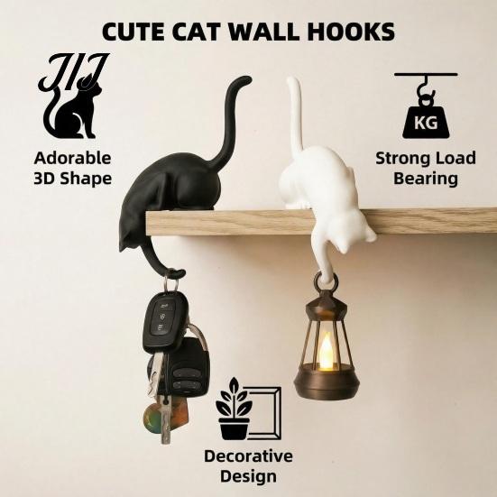 Cute Home Organization Cat Hook with Lantern, 3D Printed LED Light Decorative Handmade Wall Hanger Hook, Creative Shelf for Bookshelf Desk And