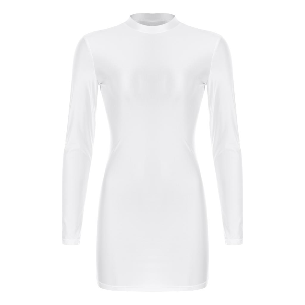 Womens Glossy Long Sleeve Bodycon Dress Nightwear Solid Color Smooth Stretchy Mock Neck Tight Dresses