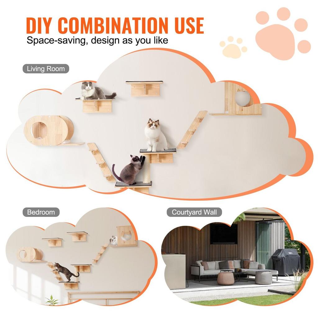 Wall Mounted Cat Shelves Tree with Jumping Boards Nests Hammock Set of 7