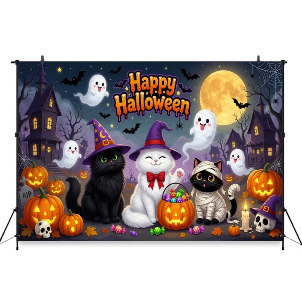 Halloween Cute Witch Cat Ghost Pumpkin Ghost House Moon Bat Banner Backdrop Halloween Party Decoration Photography Backdrop