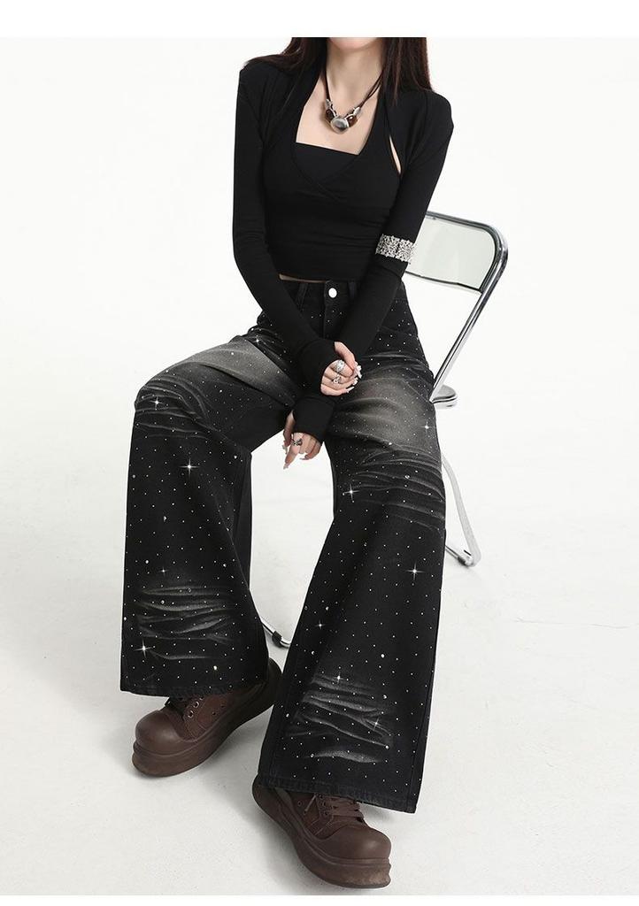 Full Sky Star Hot Diamond Design Wide Leg Trendy High Waist Jeans for Women
