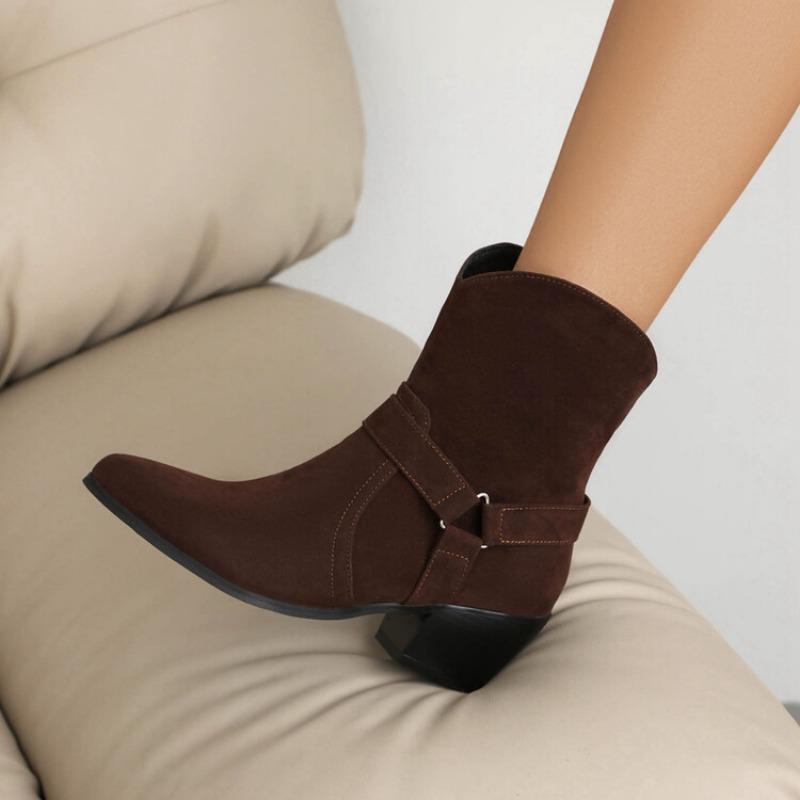 2024 Womens Faux Suede Buckle Designer Ankle Boots Winter Block Heel Zipper Ankle Boots Western Chelsea Cowboy Boots Botas Mujer