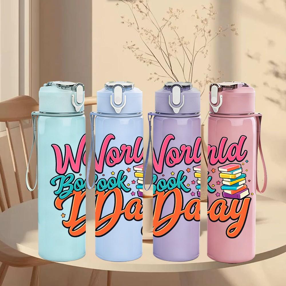 1PC Wonderful World Day Lettering Art 750ml Color Plastic Sports Water Bottle Leakproof Flip Straw Lid Suitable for Sports Office Home Use