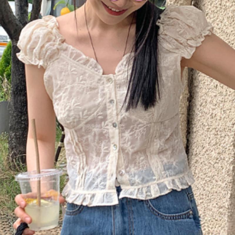 French Short Crop Tops Fashion Button Up Cotton Lace Shirts Chic Korea Design Japanese Style Summer Small Ruffles Women Blouses