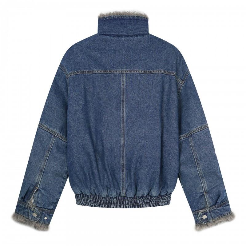 Unisex Vintage Americana Cotton Puffer Jacket With Faux Fur Collar Loose Fit Winter Warm Outerwear