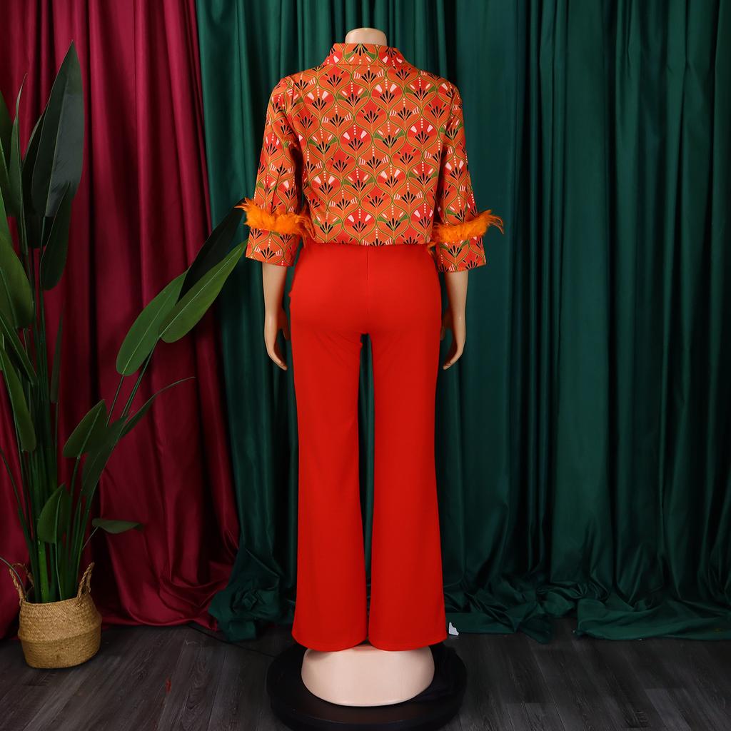 YYFS Женская мода повседневная весна осень цветные блоки принт длинный рукав поло воротник блузки и рубашки брюки костюмы