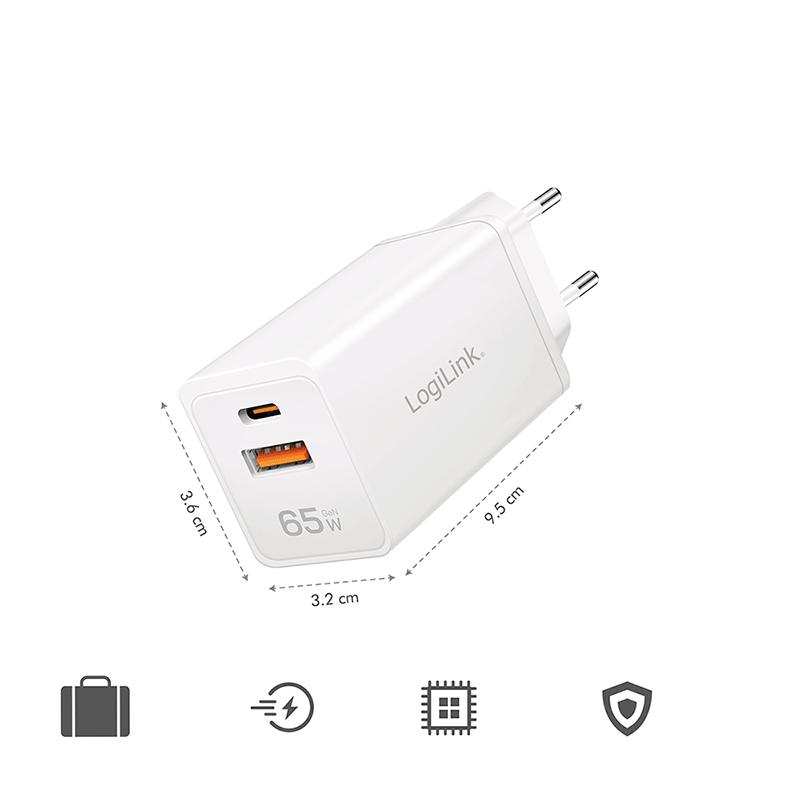 GaN Charger 65W USB-C PD USB-A QC LogiLink Fast Laptop Cube White
